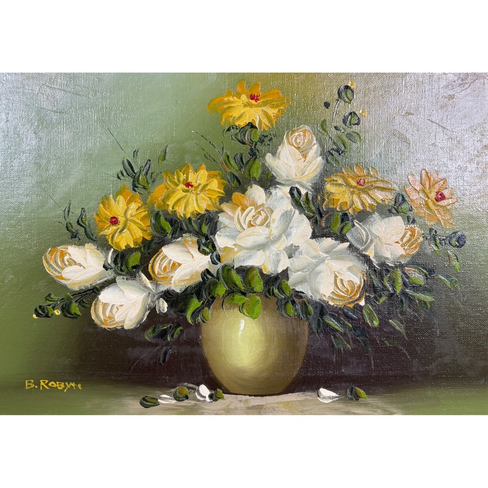 Vintage B Robyn Signed Floral Oil Painting White Roses Yellow Daisies Framed